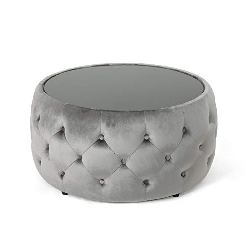 Christopher Knight Home Ivy Glam Velvet and Tempered Glass Coffee Table Ottoman, Smoke, Black