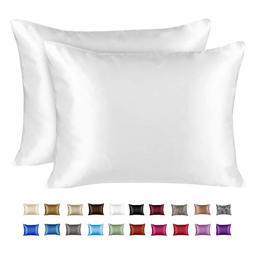 ShopBedding Luxury Satin Pillowcase for Hair – Standard Satin Pillowcase with Zipper, White (Pillowcase Set...