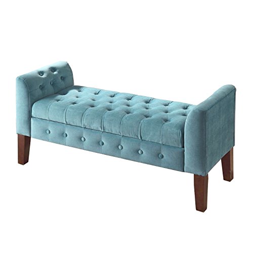 HomePop by Kinfine Fabric Velvet Tufted Storage Bench Settee - With Wood Legs, Teal