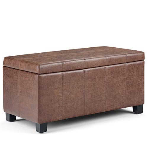 SIMPLIHOME Dover 36 inch Wide Rectangle Lift Top Storage Ottoman Bench in Upholstered Distressed Umber Brown...