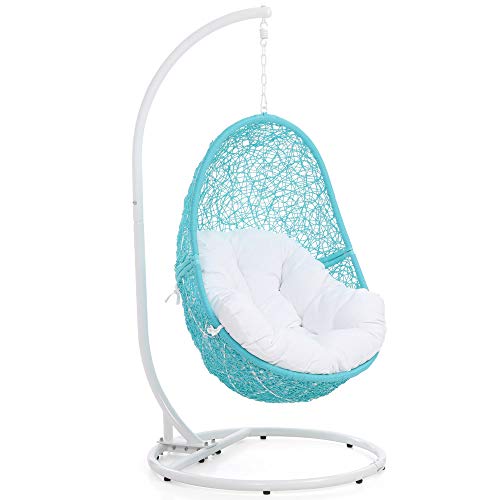 Zuri Furniture Modern Reef Swing Chair Teal Basket White Cushion with Stand