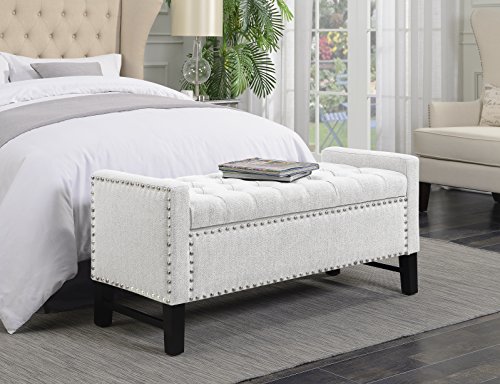 Iconic Home Lance Bench Polished Nailhead Trim Linen Tufted Storage Ottoman with Espresso Wood Legs Modern...