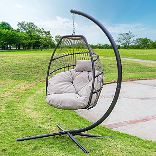 Barton Outdoor Hanging Egg Chair Swing Lounge Chair Soft Deep Cushion Backyard Relax, Beige
