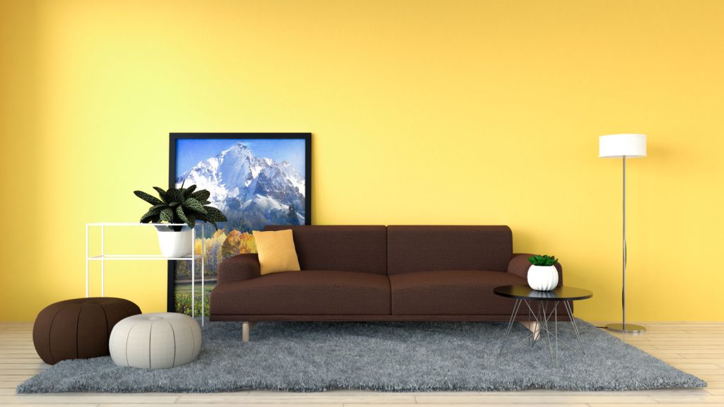 Yellow living room with brown furniture